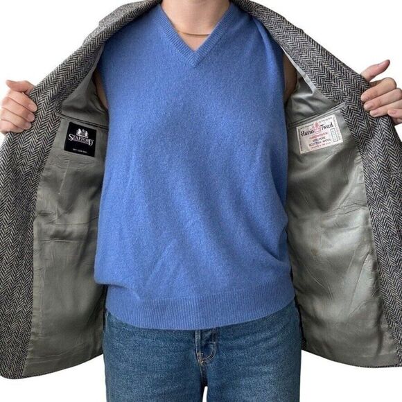 Vintage Mens Harris Tweed Black Gray Chevron Wool Preppy Sport Coat Blazer 36R - Picture 10 of 10